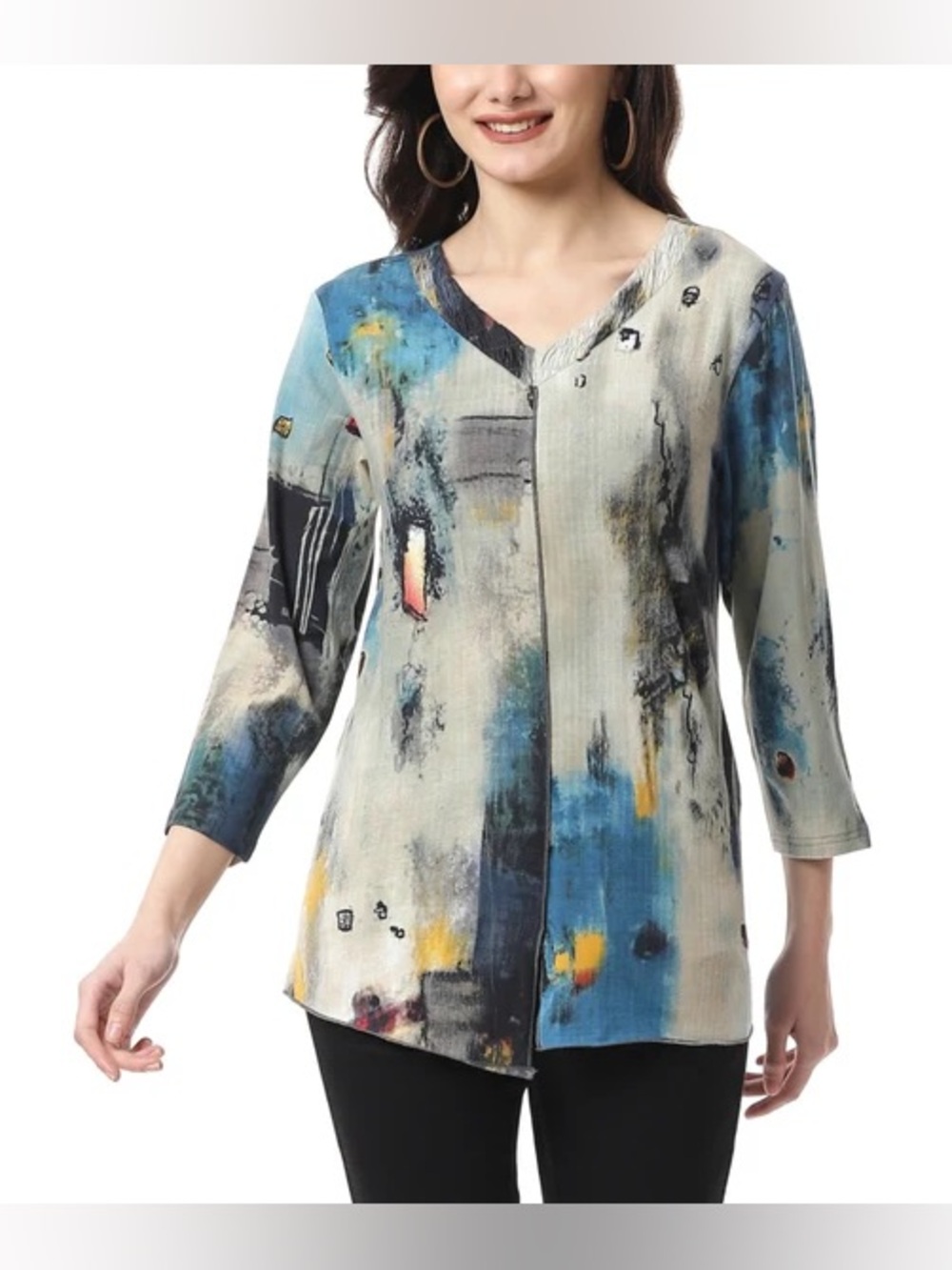 Parsley & Sage Tunic Tee Teal Blue & Gray Abstract Print V-Neck 3/4 Sleeves